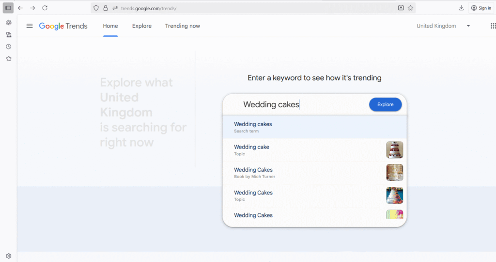 A screenshot of Google Trends featuring 'wedding cakes'