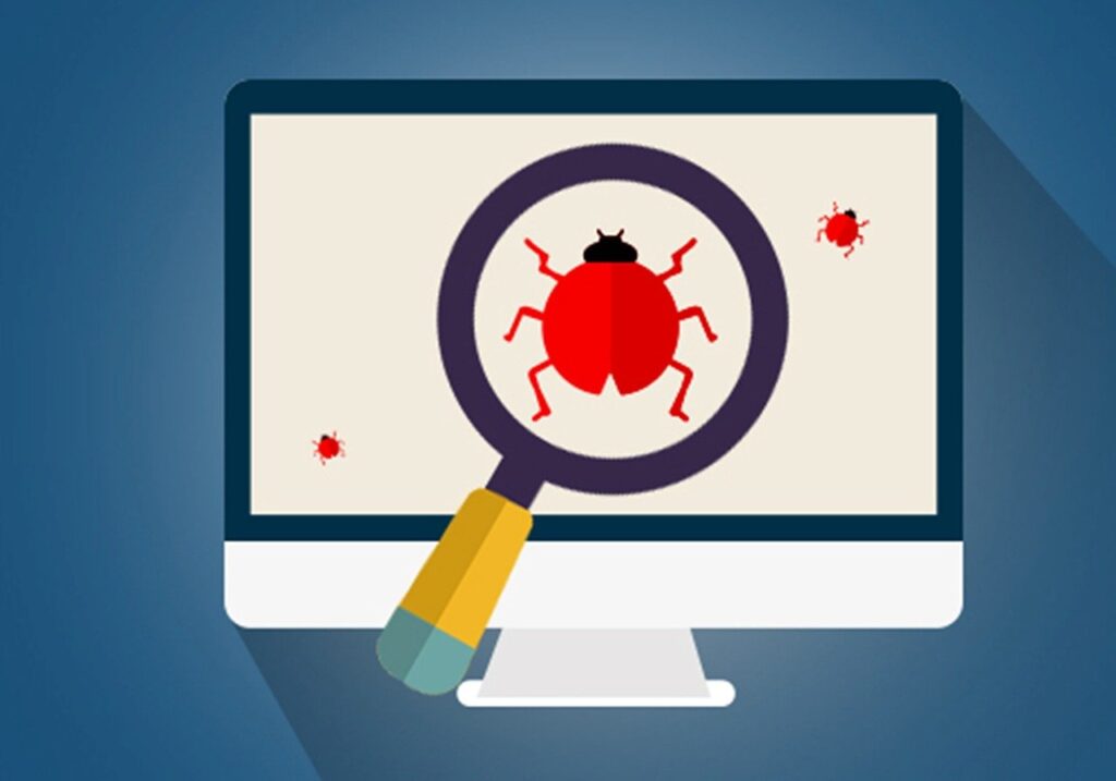 An illustration of an insect on a computer screen. The red insect is highlighted by a magnifying glass
